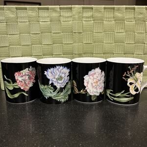 (4) Tiffany & Co Mrs. Delany's Flowers Mugs Cups by Sybil Connolly Black Floral